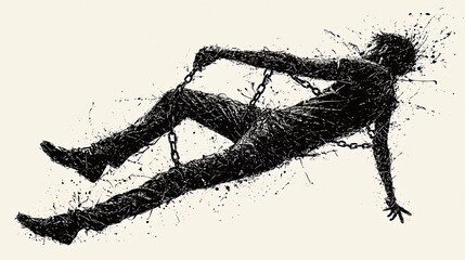 Fototapeta premium Chained man falling; despair, struggle, freedom concept; background texture