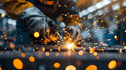 Industrial worker grinding metal with bright orange sparks flying, dramatic close-up shot perfect for manufacturing, industrial safety, and metalworking concepts in advertising and design projects.