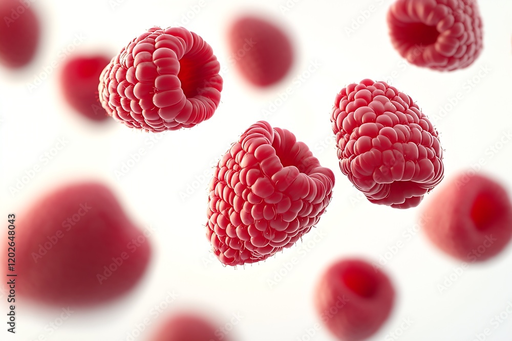 Poster vibrant floating raspberries on white background perfect for healthy eating concepts : generative ai