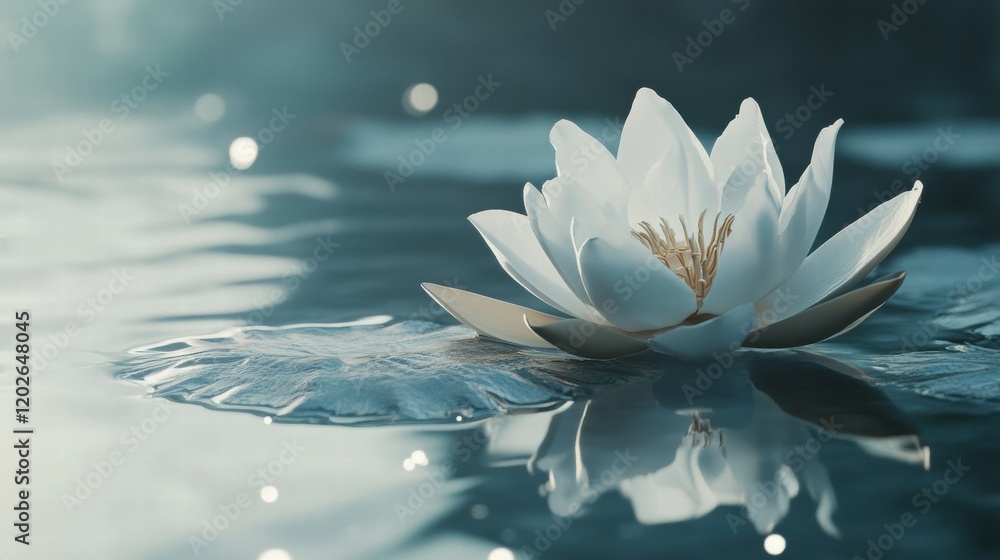 Poster delicate white lotus flower blooming on serene water surface with soft reflections and gentle light.