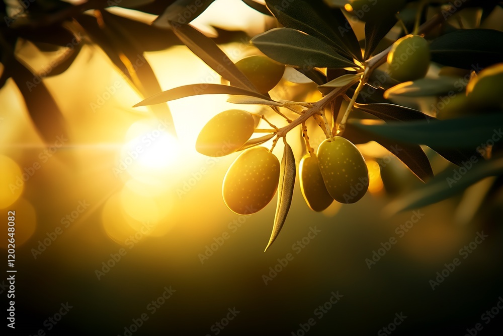 Poster sunlit green olives on tree branch during golden hour : generative ai