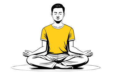 Man meditating in lotus pose on white background. Vector illustration.
