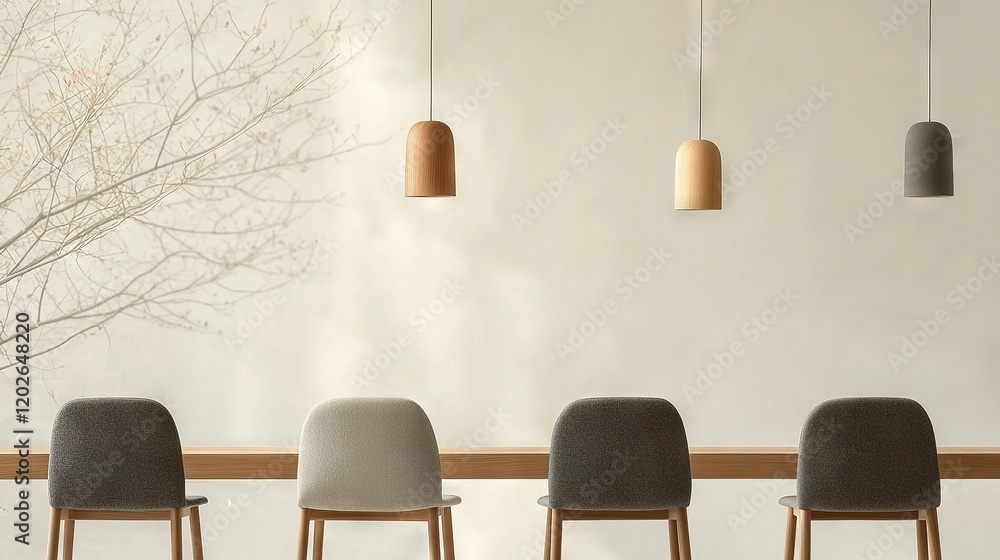 Poster a group of chairs arranged in a line facing a wall, with a tree positioned in the center of the scen