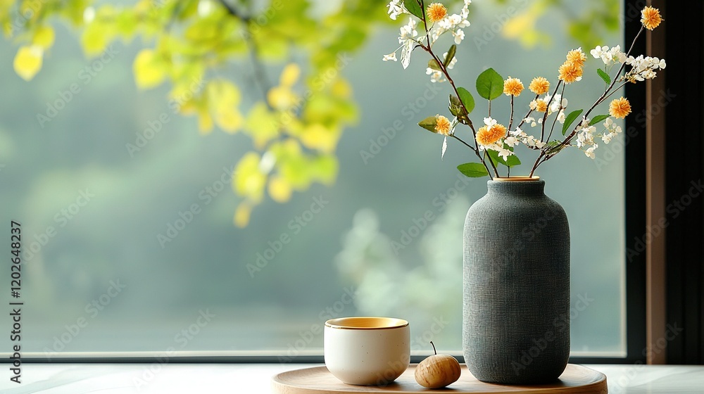 Poster a vase filled with flowers sits on a table next to a cup, with a window displaying a tree outside