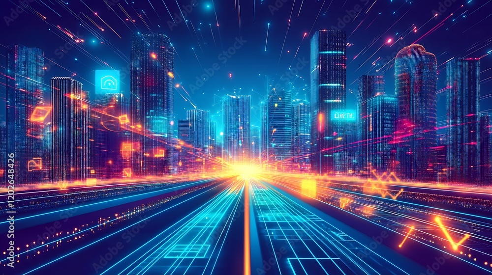 Aufkleber sci-fi metropolis with neon lights and high-tech digital features in futuristic design : generative 