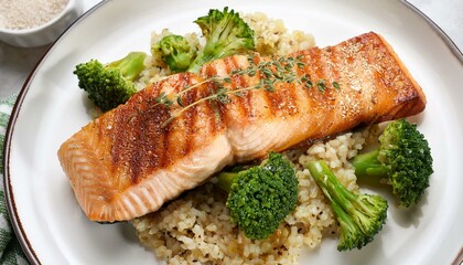 Grilled salmon, grains, and broccoli beautifully plated.