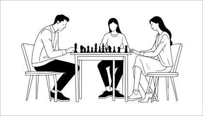 People playing chess, man and woman sitting at table and playing chess, vector illustration