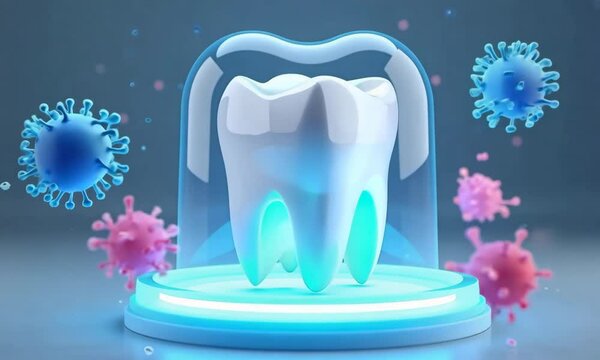3D rendering model of tooth, surrounded by a blue protective shield and barrier. Around it are depictions of viruses, chemicals, and bacteria. Tooth, Dental protection.