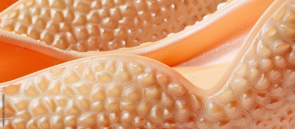 Aufkleber close-up of textured, peach-colored surface with dimpled pattern.