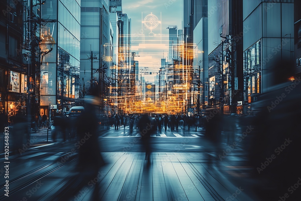 Poster vibrant urban cityscape with dynamic motion blurs depicting future technology concept : generative a