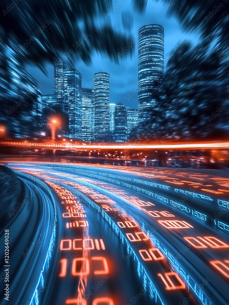 Aufkleber Dynamic Cityscape with Speeding Binary Code Light Trails and Skyscrapers : Generative AI