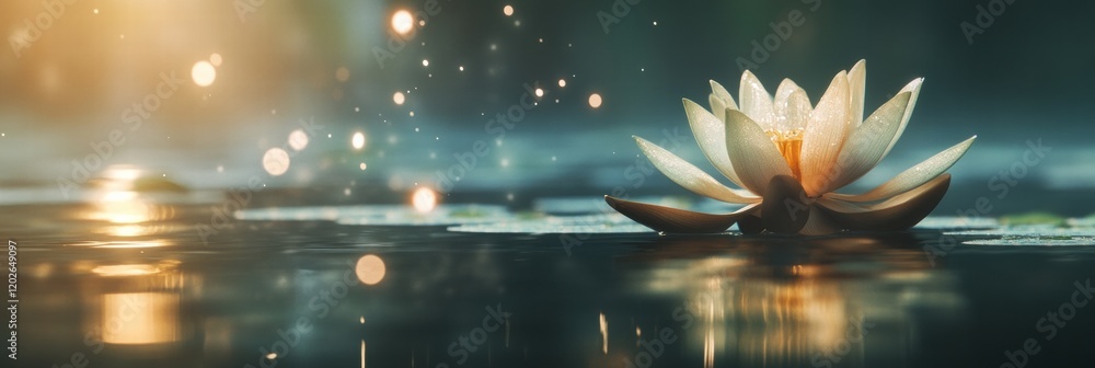 Aufkleber water lily blooming on a tranquil pond with soft lights and sparkling reflections during early morni