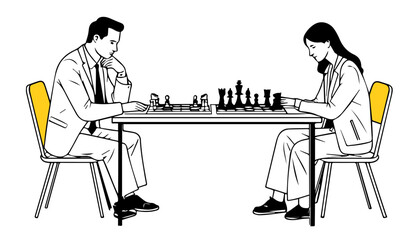 Businessman and businesswoman playing chess, black and white vector illustration graphic design.
