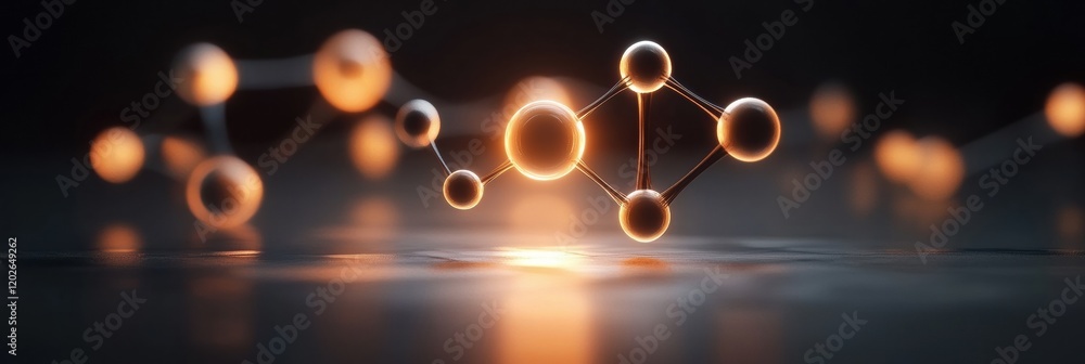 Fototapete visualization of molecular structures with glowing elements reflecting on a dark surface at night. g