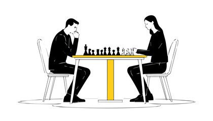 Man and woman playing chess. Male and female characters in flat style. Vector illustration.