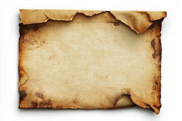 A blank piece old sepia color paper with one corner torn off , isolated on a transparent background.