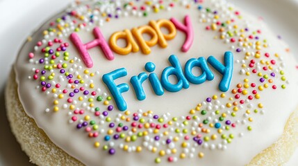 Happy Friday treat! Delicious frosted cookie decorated with colorful sprinkles and 'Happy Friday' icing.