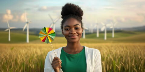 Smiling woman holding colorful pinwheel with wind turbines in background, promoting clean energy and environmental awareness
