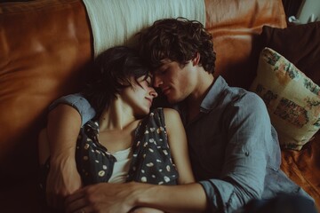 Romantic moment between a couple on a cozy couch in warm lighting at home