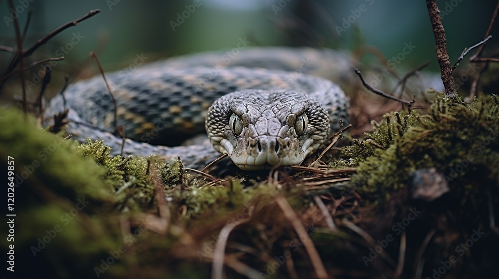 Poster a close-up of a snake lying on the ground surrounded by moss with a tree visible in the background