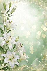 White Lilies With Green Leaves On A Soft Green Background, Morning Or Spring Setting, Symbolizing Purity And Renewal, Suitable For Floral Promotions, Nature-Themed Content, Or Wedding Invitations.