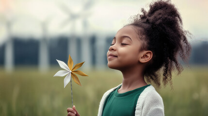 Little girl breathing fresh air and holding a pinwheel in a field of wind turbines, representing sustainable energy and environmental awareness