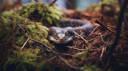Obraz premium Close-up image of a reptile resting amidst green foliage and tall vegetation
