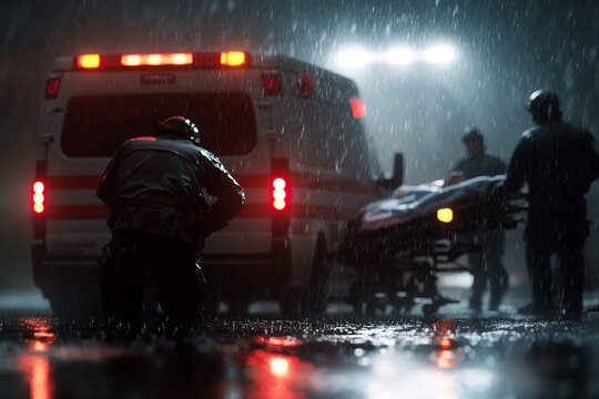 Rainy night emergency; paramedics attend to patient; city background; medical emergency stock photo