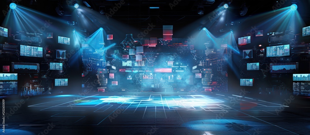 Canvas Prints futuristic data visualization in a dark room with spotlights.