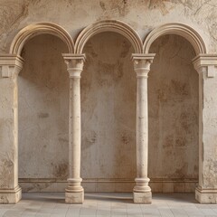 Three classical columns stand under three arches against a weathered wall.