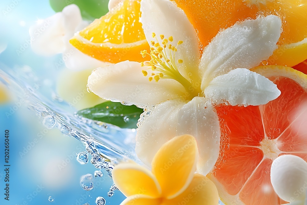 Poster artistic citrus and flower fusion with water motion : generative ai