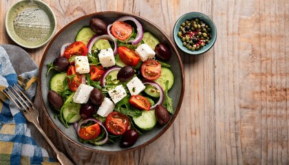 Greek salad with feta, tomatoes, cucumbers, olives, and onions Mediterranean and healthy.