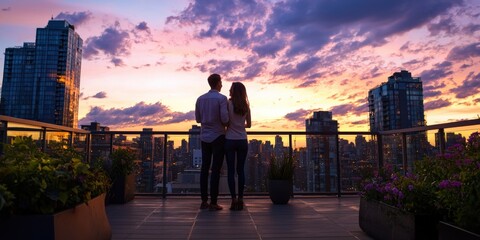 A couple standing on their rooftop terrace, looking out at the city skyline,