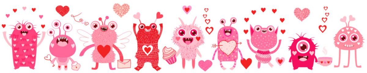 Funny, silly Valentine's Day vector monsters in pink and red, Cute spooky alien creatures and hearts