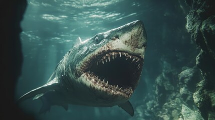 Fototapeta premium Ferocious Great White Shark Underwater, Jaws Agape
