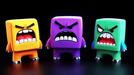 Obraz premium Three Angry Colorful Cubical Monsters 3D Render Cartoon Characters Studio Lighting