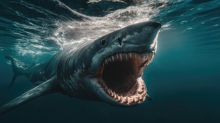 Obraz premium Ferocious Great White Shark Underwater, Jaws Agape