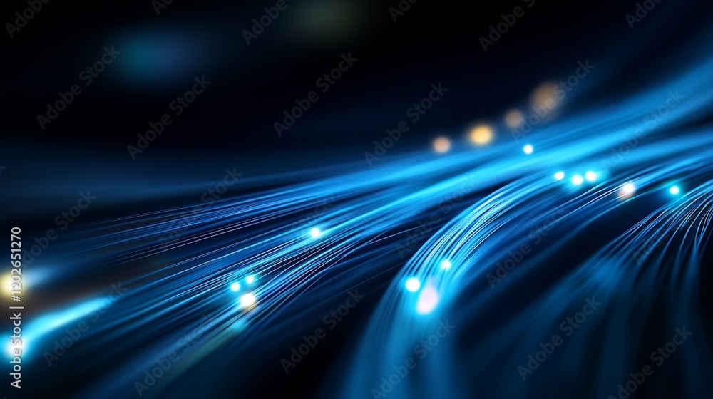 Poster dynamic blue light streaks and fiber optic cables with glimmering points : generative ai