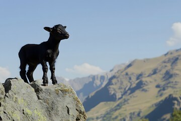 A baby goat perched precariously on a rocky ledge framed by dramatic mountain peaks and a clear blue sky 