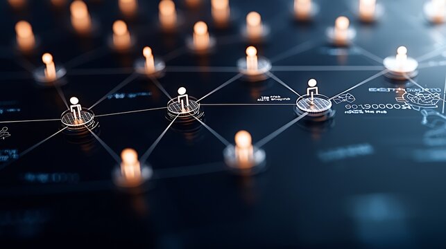 Futuristic network connection with illuminated people icons on a digital grid background : Generative AI