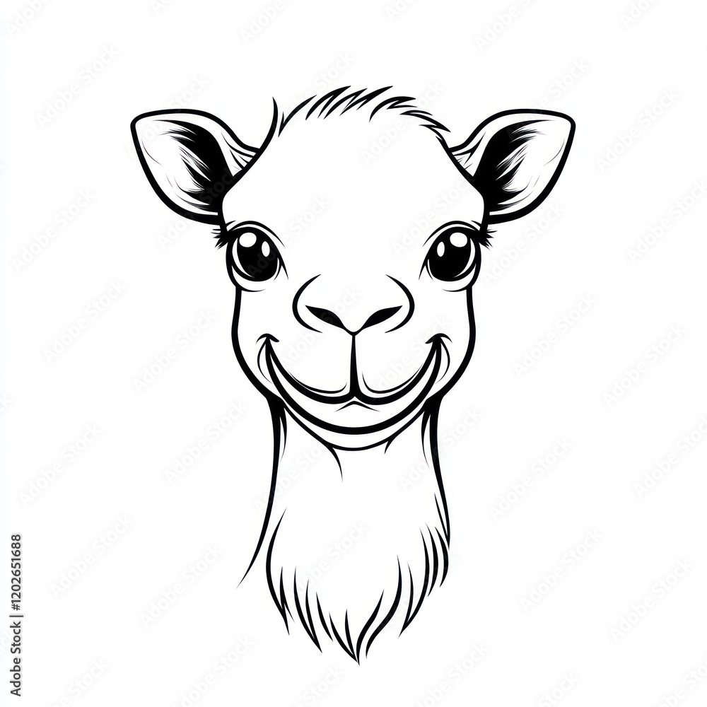 Poster camel head line art portrait, front view on white background for print use