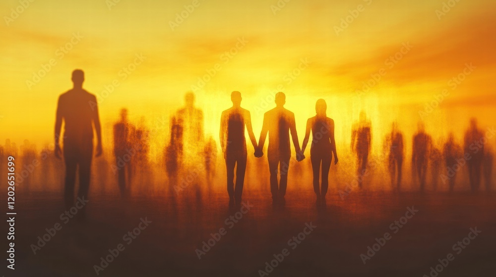 Poster silhouettes of people holding hands against a vibrant sunset creating an abstract representation of 
