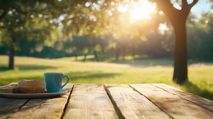 Fototapeta premium Coffee and pastries on wooden table in sunny park