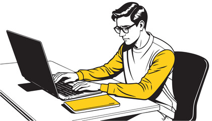 notion style illustration, Young man working on a laptop at home. Vector illustration in a flat style.