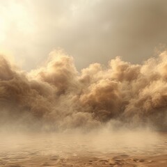 Obraz premium A massive sandstorm engulfs a desert landscape, obscuring the horizon in a hazy, golden brown cloud.