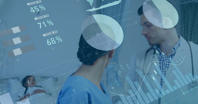 Image of data processing and diagrams over diverse doctors with patient in hospital