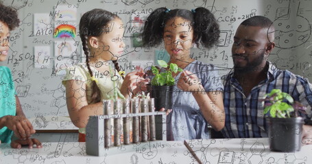 Image of chemical formula over diverse schoolchildren and teacher in classroom