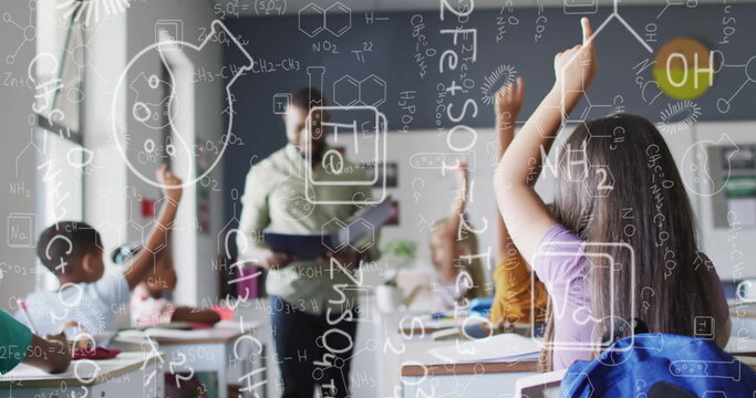 Image of chemical equations over african american male teacher with diverse schoolchildren