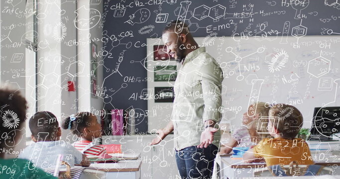 Image of chemical equations over african american male teacher with diverse schoolchildren