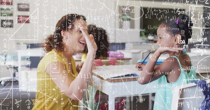 Image of mathematical equations over biracial female teacher with diverse schoolchildren
